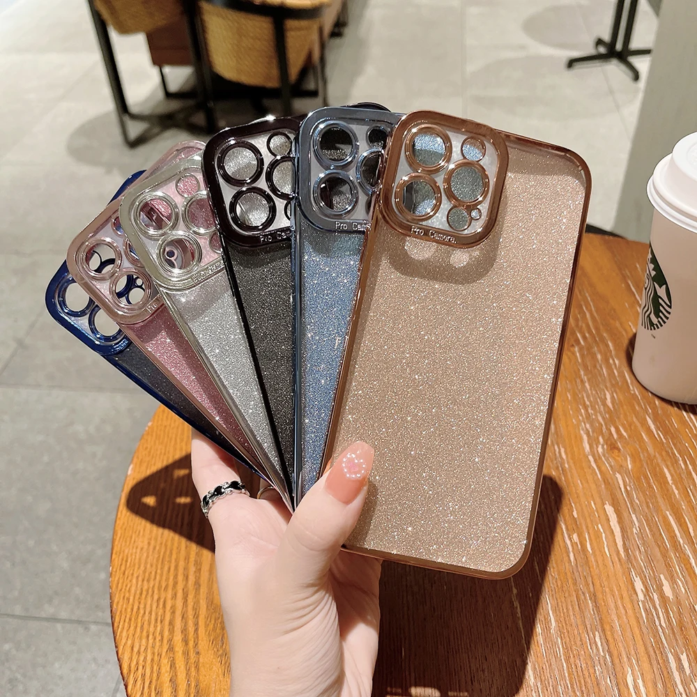 

Plating Edge Phone Case For iPhone 14 13 12 11 Pro XS Max XR X 8 7 Plus SE 2020 Clear Soft TPU Back Cover With Glitter Flake