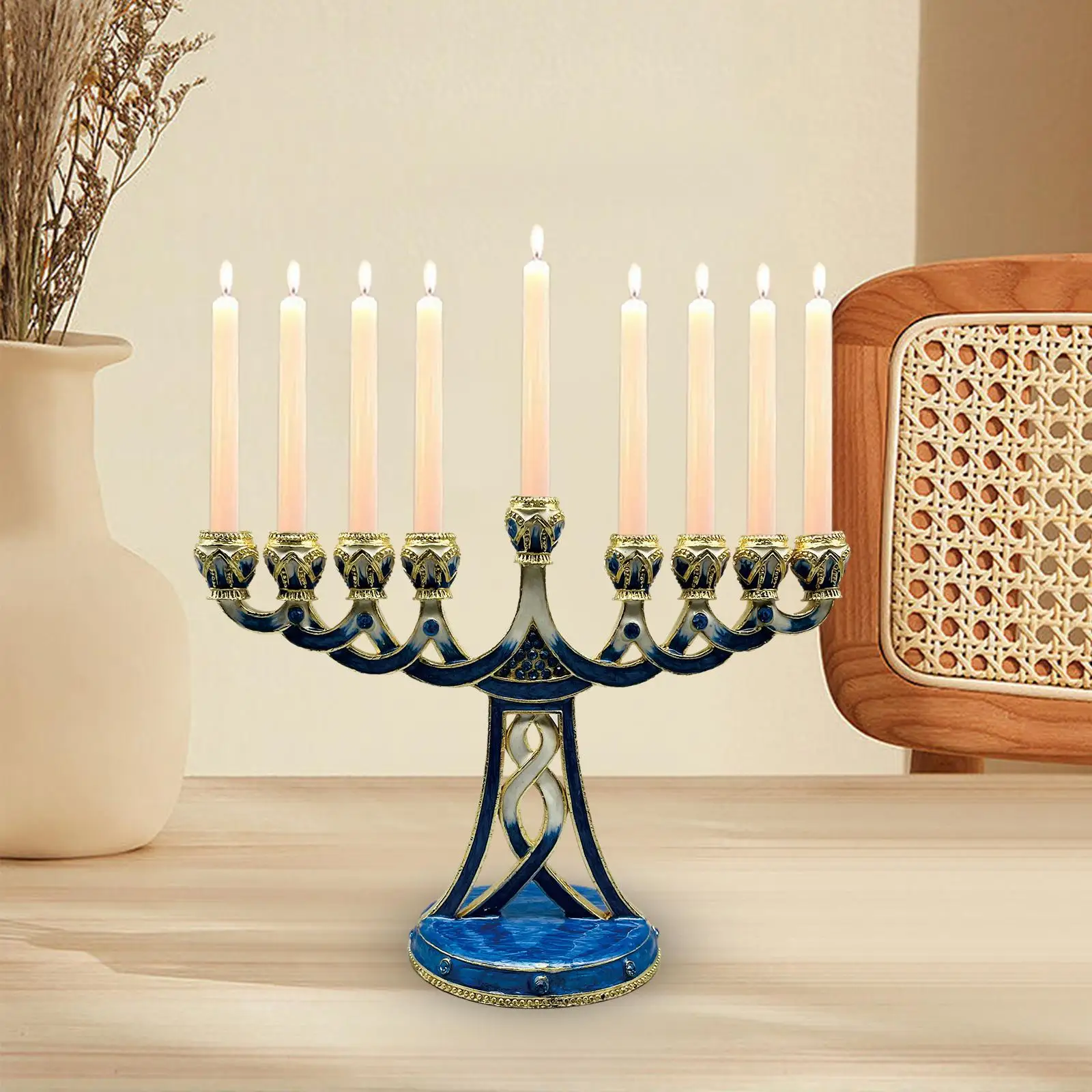 

Hand Painted Menorah Candelabra Blue Alloy Candlestick Elegant Candle Holder Ornament for Hanukkah Living Room Table Decor