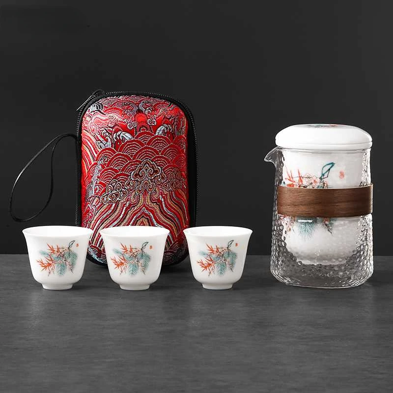 Travel Kung Fu tea set glass teapot storage bag, one pot of three cups