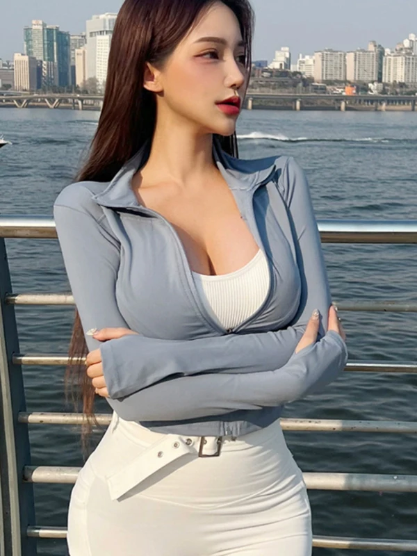 

Sexy Tight Fit Yoga Jaet Zipper Collar Long Sve Women's Faion Spring Polyurethane Elastic Fiber Casual ort Coat