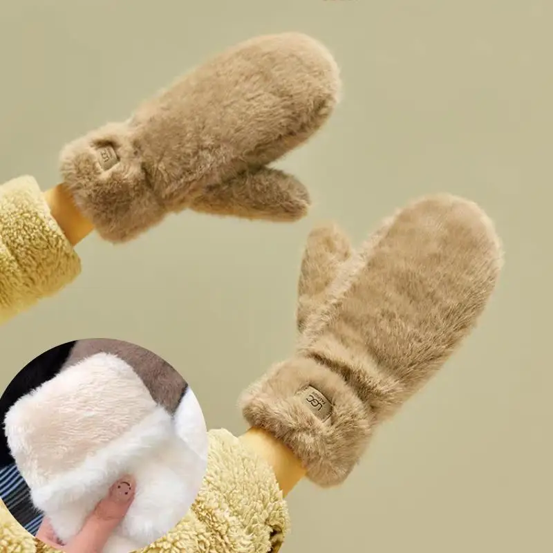 Winter Plush Gloves Simple Solid Thick Plush Warm Gloves Students Fashion Cute Windproof Soft Full Fingers Mittens Glove