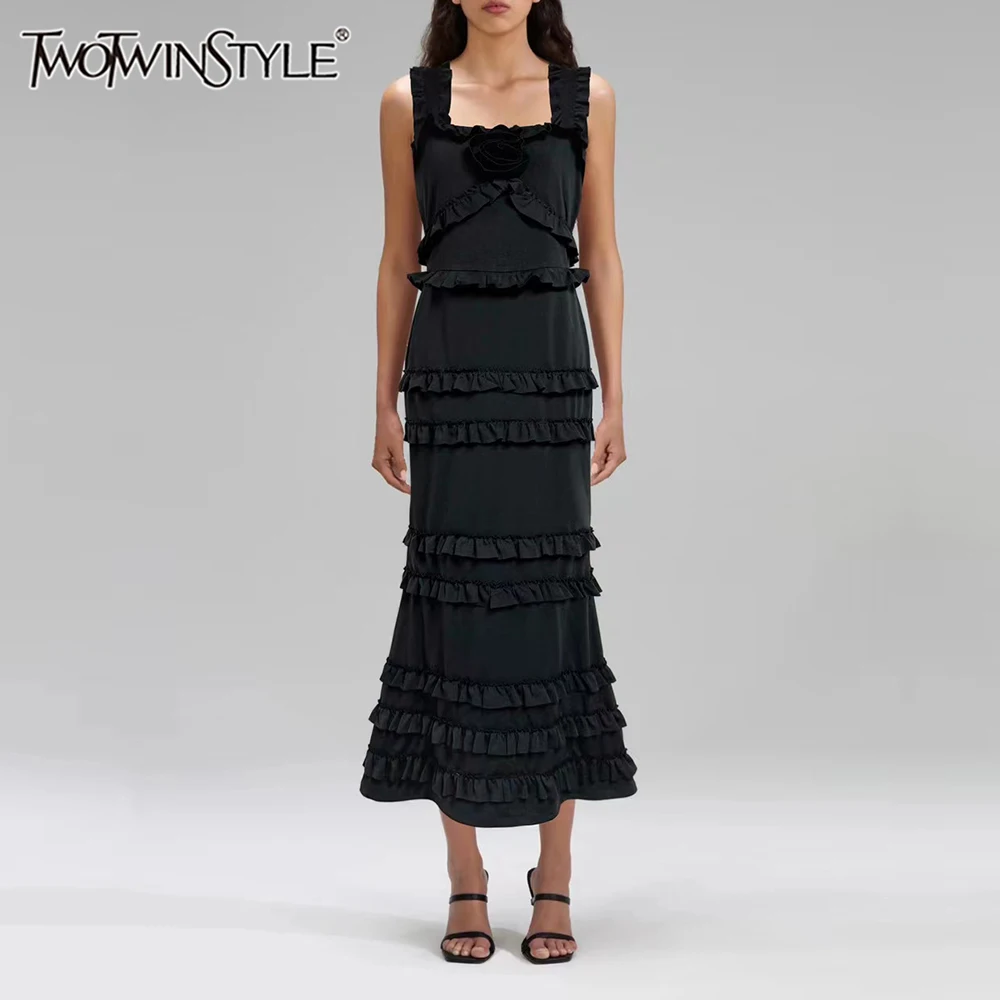 

TWOTWINSTYLE Hit Color Slimming Spliced 3D Flower Dresses for Women Square Neck Sleeveless Patchwork Ruffles Dress Female New