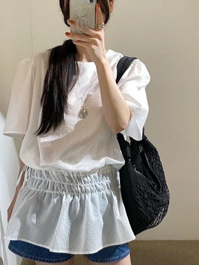 

Модная женская футболка с коротким рукавом и круглым вырезом, новая летняя, шикарная, универсальная, повседневная, свободного кроя, с рукавами-фонариками