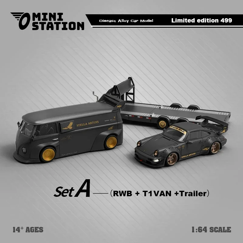 Mini Station 1:64 RWB & T1 Van Stella Artois Matte Black w/Trailer limited499 Diecast Model Car