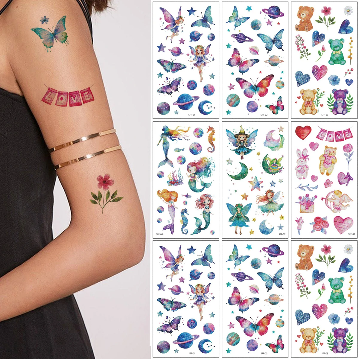 10 Sheets Glitter Butterfly Unicorn Cartoon Temporary Tattoos Mermaid Flower Fairy Tattoo Sticker for Women Girls Hand Face Body