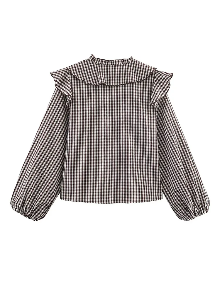 HH Female Vintage Spring Crew Neck Plaid Stacked Decorative Long-Sleeved Casual Shirt Women Fashion Temperament Loose Top Mujer
