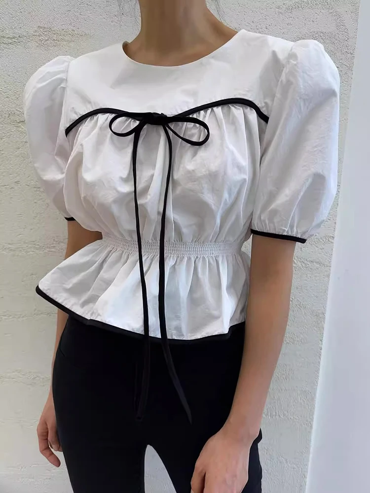 

Liliang Floral Print irt Women's Summer New Sle Vintage Waist-Cinching Slimming Bubble Sve Top Knot Design