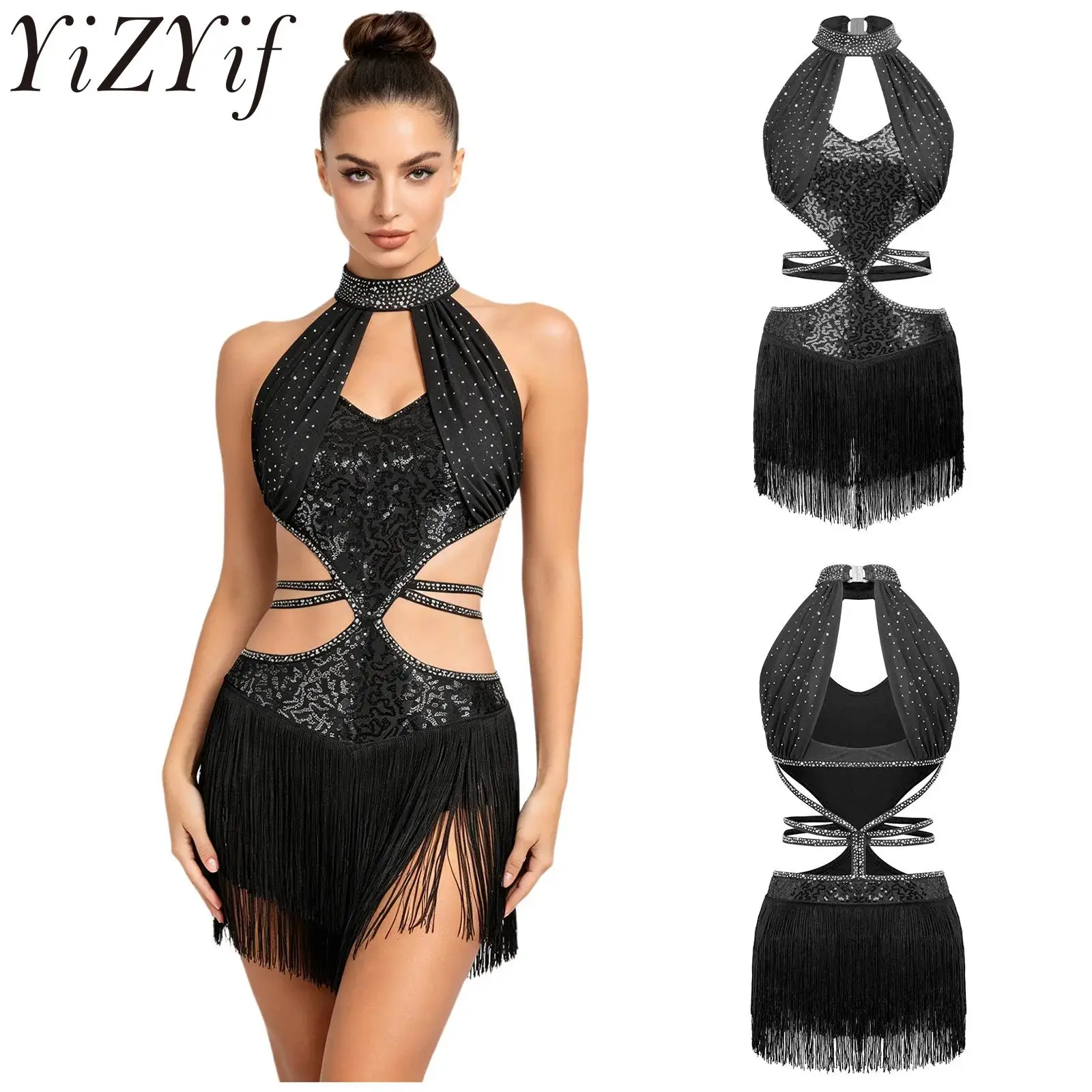 

Женское платье с бахромой для латиноамериканских и джазовых танцев, с вырезом на груди и открытой спиной, без рукавов, для выступлений по фигурному катанию