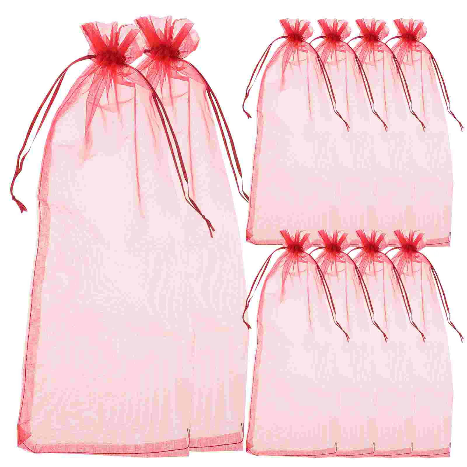 10 Pcs Red Gift Bags Transparent Gold Decor Clear Bottle Cover Organza Tote