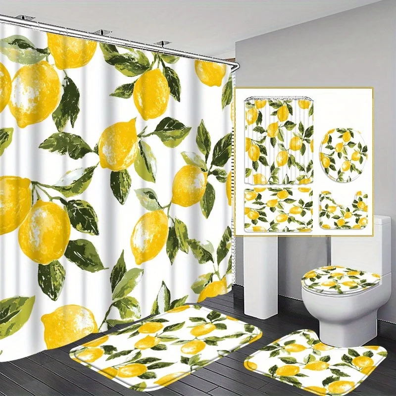 

4-piece lemon leaf bathroom set, fresh yellow-green background lemon print bathroom decor, U-shaped mat, toilet seat cover mat