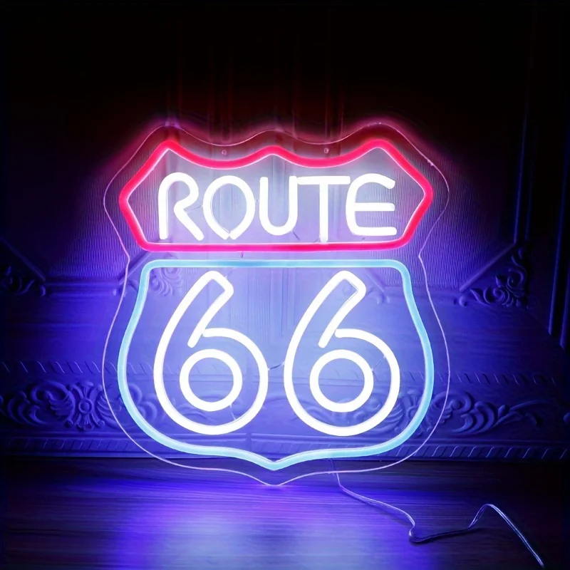 Route 66 LED Neon Sign Light, Art Man Cave Neon Light Dimmable Switch LED Neon Lights Signs Wall Decor For Bedroom Home Office