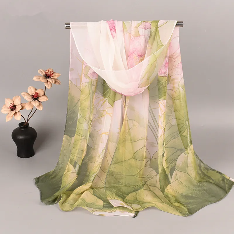 Fashion Spring Summer Women Floral Printing Beach Silk Scarf Shawls Female Long Wraps Beach Sunscreen Hijab Lotus Pattern - view 3