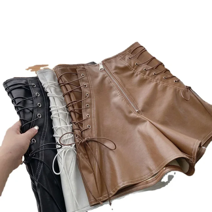 New Korean Style PU Leather Elastic Half-Zip High Waist A-Line Drawstring Casual Girls\' Leather Shorts 2024 Autumn and Winter