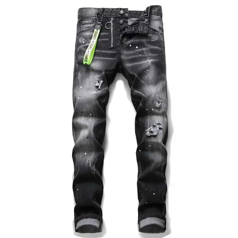 DSQ2 European and American Tattered Paint-splashed Men's Slim Fit Ripped Patch Stretch D2 Jeans Tight Beggar Pants 1056