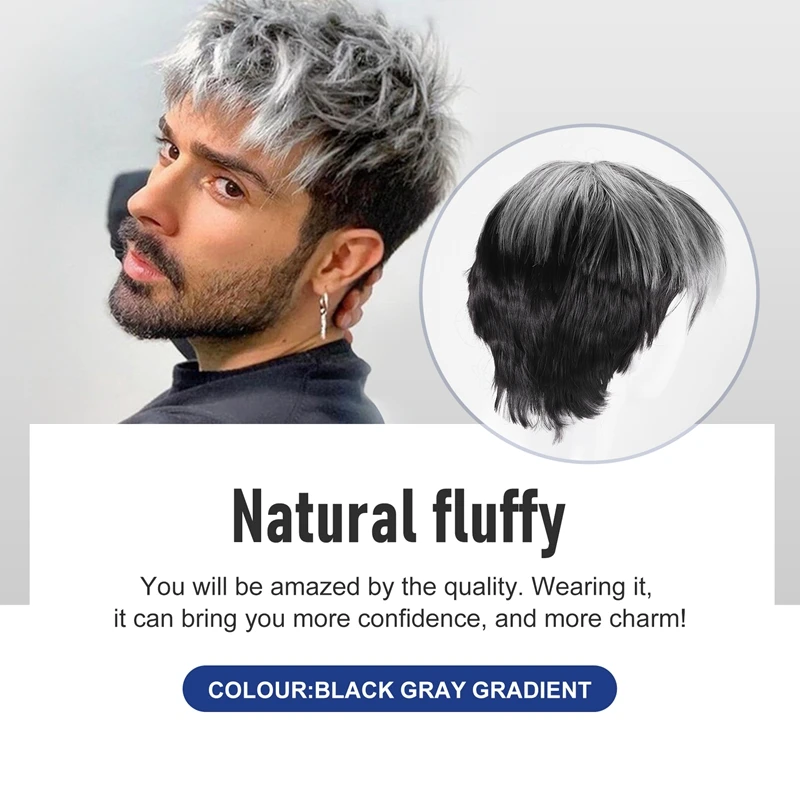 Men Short Straight Wig Ombre Grey Black Synthetic Wig For Male Hair Fleeciness Realistic Natural Toupee Wigs