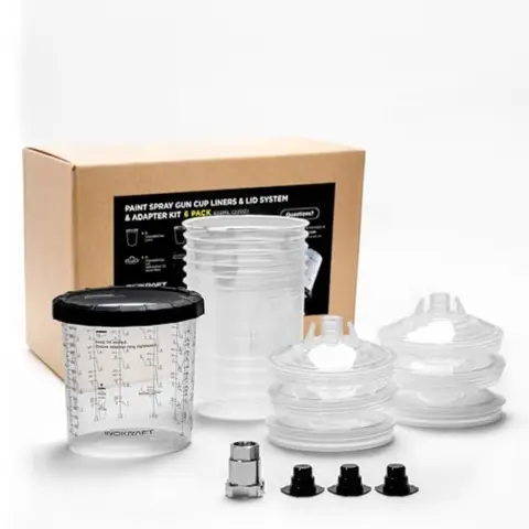InoKraft Disposable Paint Spray Gun Cup 22oz 650ml Kit with 6 Cups and Lids 1 Hard Cup with Retainer Ring 3 Plugs HVLP LVLP Spr