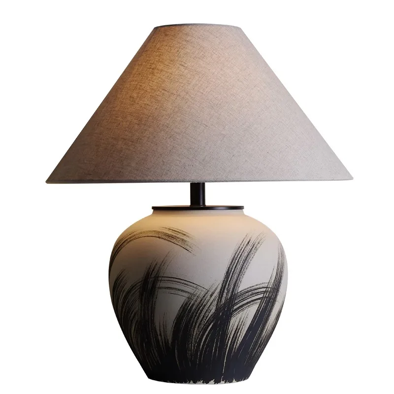 

Wabi-Sabi Pottery Table Lamp Vintage Living Room Bedroom Study Office Modern Homestay Hotel Bedside Table Lamp Writing Desk Lamp