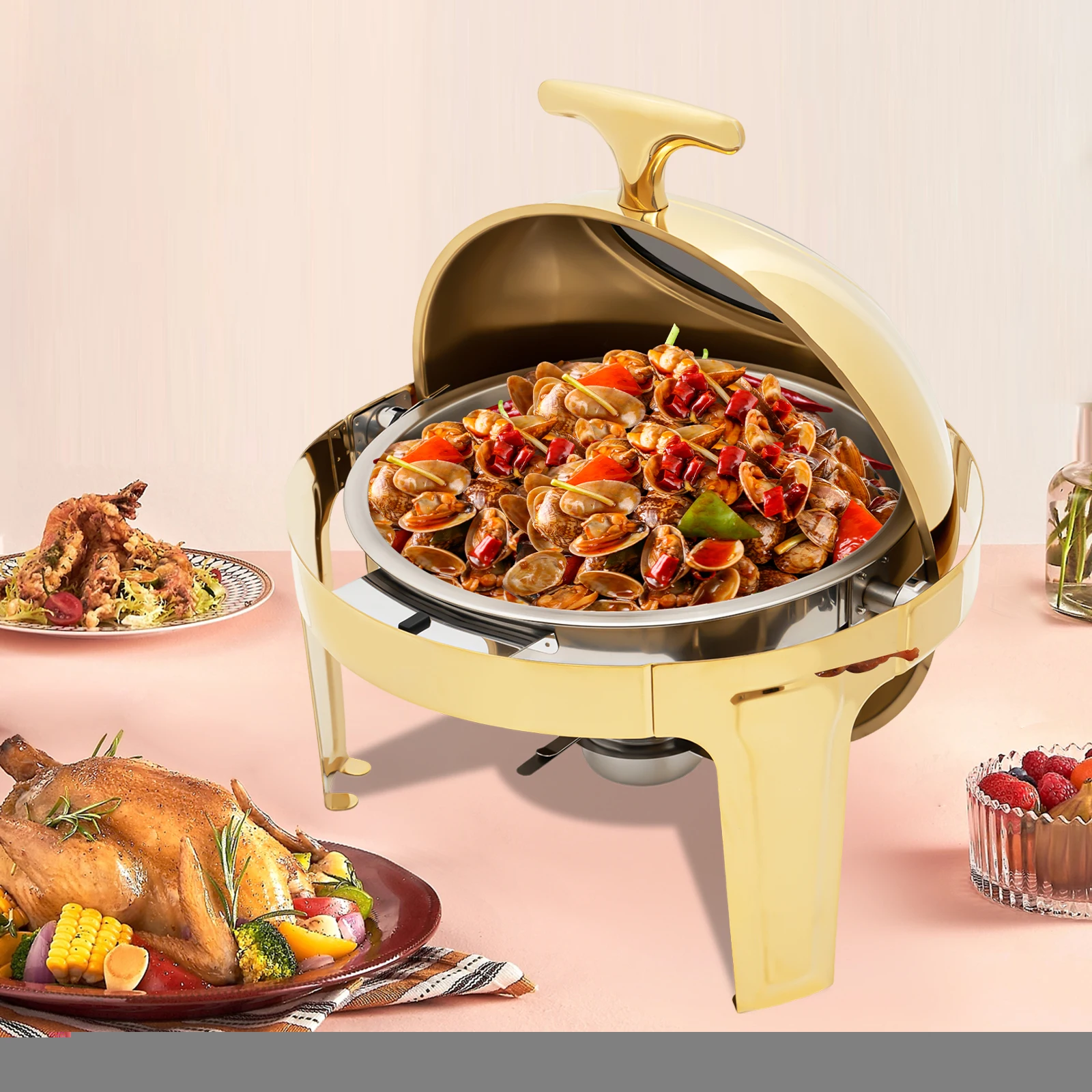 

6 QT Round Chafing Dish Buffet Set with Thick Frame for Weddings Dinners Gold