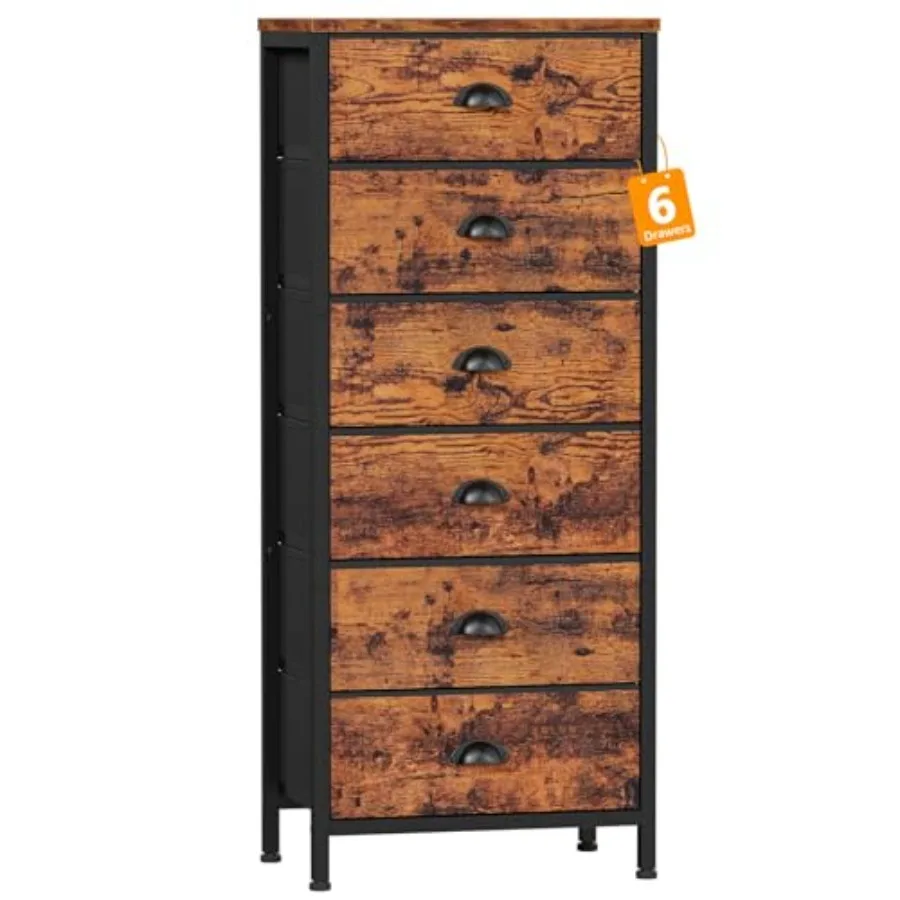 

Furnulem Tall Dresser with 6 Drawers Vertical End Table and Nightstand for Bedroom Industrial Dorm Bedside Furniture with Fabri