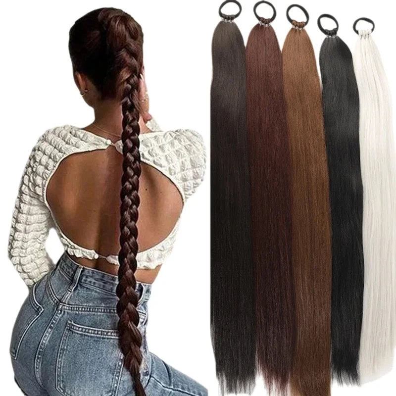 

Long Yaki Straight Braid Ponytail Extensions DIY Braided Ponytail Hairpiece for Women Synthetic Straight Wrap Around Horse Tail