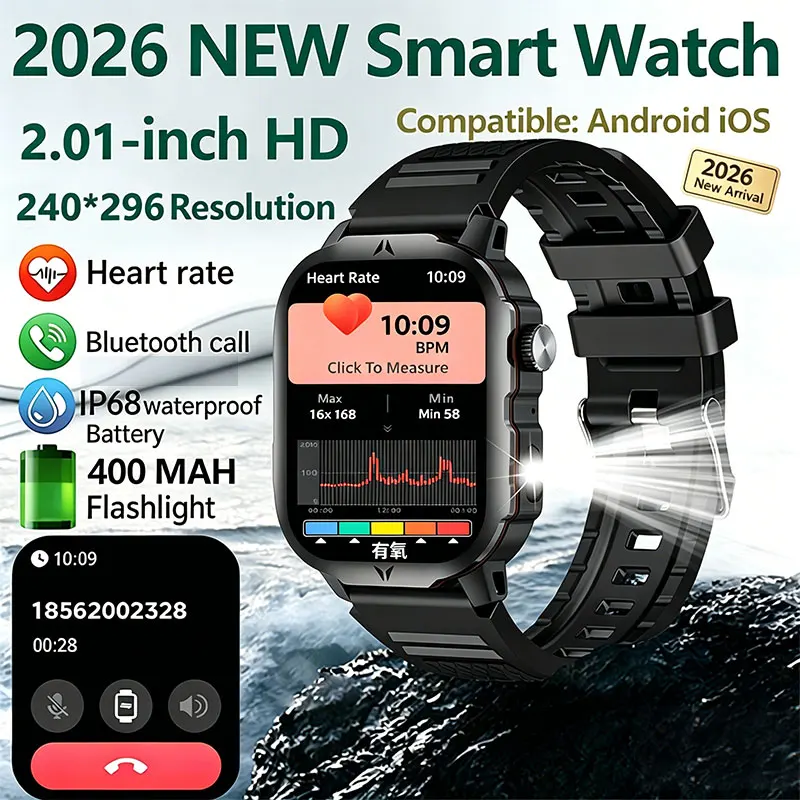 

2026 New 2.01-inch AMOLED Outdoor Smart Watch NFC Heart Rate Health Monitoring IP68 Bluetooth Call LED Flashlight Smartwatches