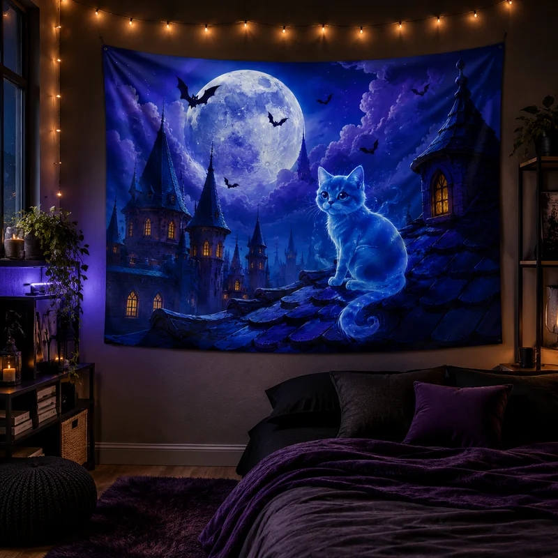 VIKAMA Halloween Ruined Castle Tapestry, Jack-o'-Lanterns and Flying Bats in Deep Blue Night Wall Hanging, Gothic Holiday Decor