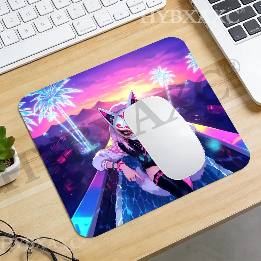 HYBXAXC Cyberpunk Fox Mask Anime Girl Small Mouse Pad Neon Sunset Non-Slip Rubber Desk Mat for Gaming