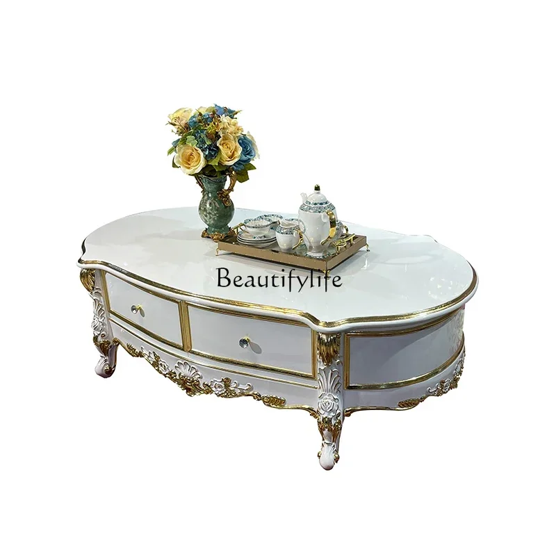 

yj7 -French solid wood oval coffee table, European style fashionable neoclassical solid wood tea table with drawers