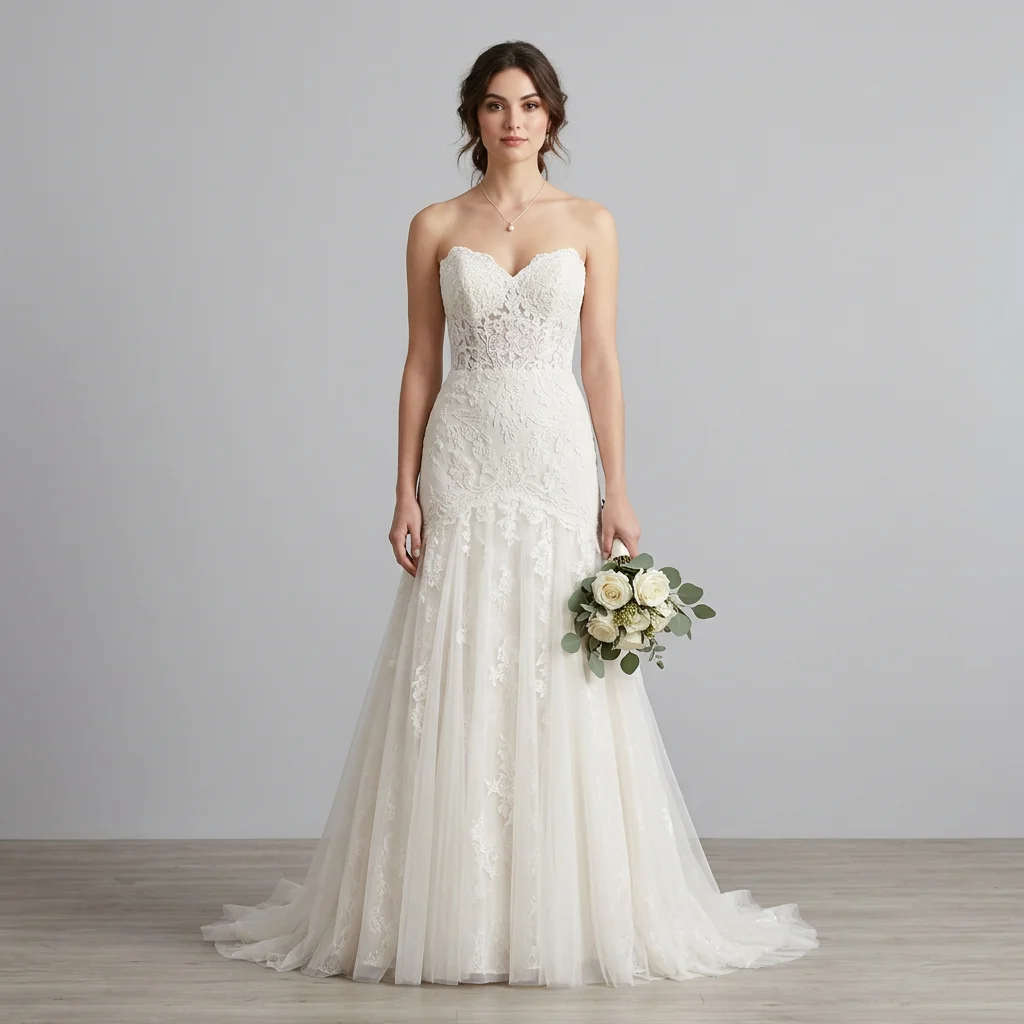 Strapless Sweetheart Lace Mermaid Wedding Dress Sheer Tulle Skirt Chapel Train Bridal Gown