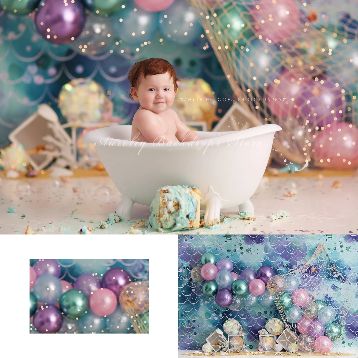 Underwater World Backgrounds Cake Smash Kids Adult Photography Props Child Baby Decors Balloon Fishing Net Photo Backdrops