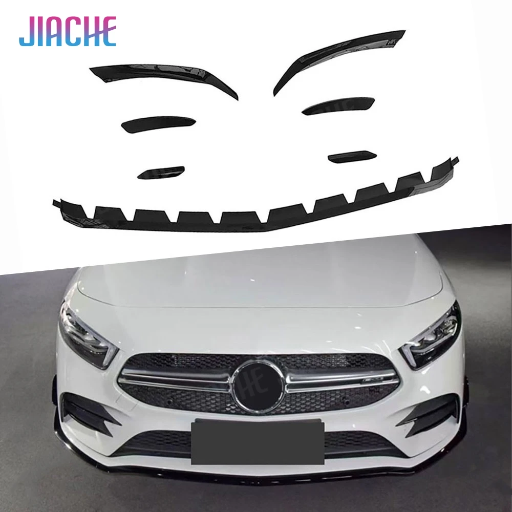 

ABS Gloss Black 7PCS Front Bumper Lip Chin Splitters With Side Trims for Mercedes Benz A Class W177 A35 AMG 2019-2022 Sedan