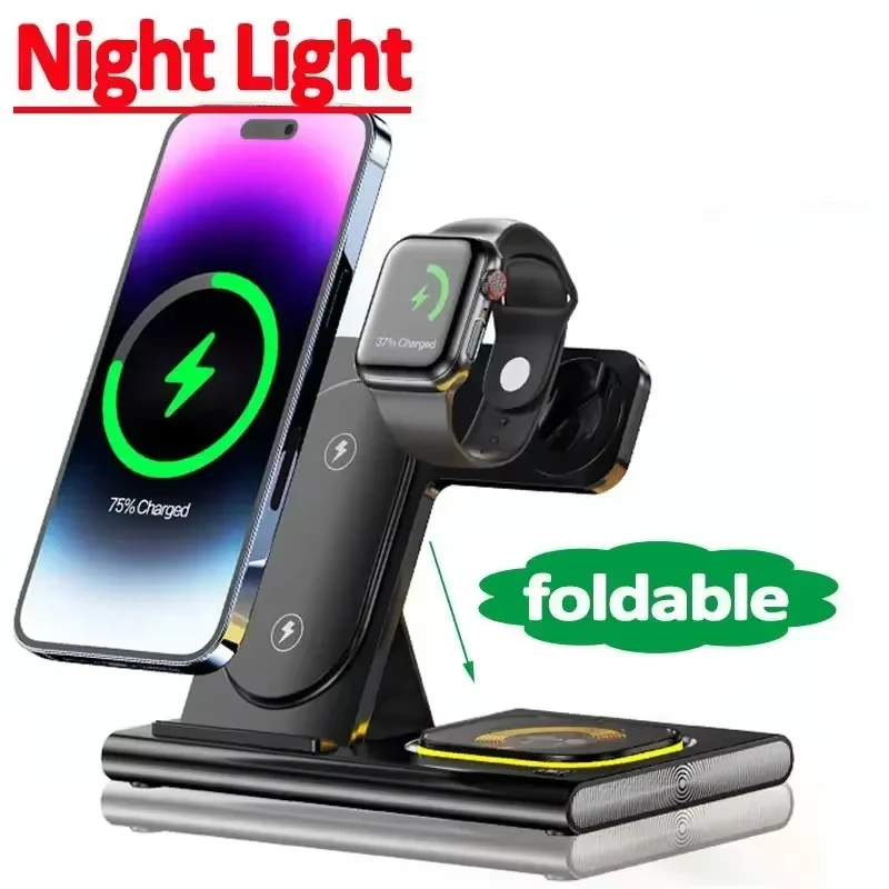 

Беспроводное зарядное устройство 3-в-1 для iPhone 17 16 15 14 13 12 Pro Max, Apple Watch 8 7 6, AirPods: Складная док-станция для быстрой зарядки