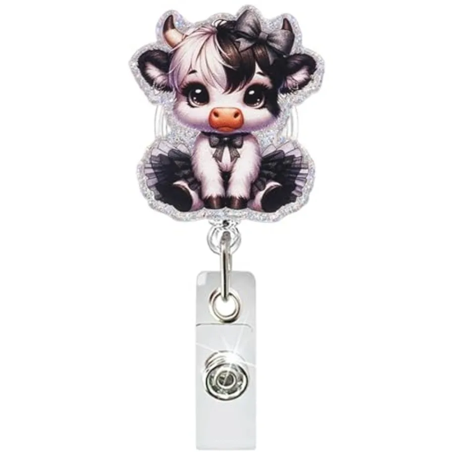 Cute Cow Retractable Badge Reel with Glitter Edge, Id Badge Holder Alligator Clip, Badge Clip Nursing School Essentials for Nur