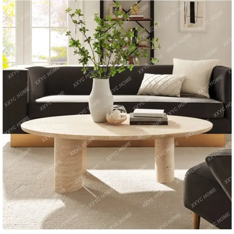 XX Travertine Coffee Table - Wabi Sabi Oval Center Table, Custom Natural Stone Living Room Furniture