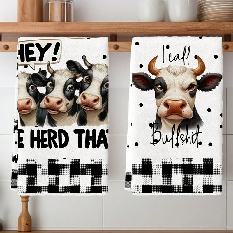 2枚セット、黒と白のチェック柄面白い牛柄キッチンタオル、40 - Kitchen Baking Cloth のレビューと価格