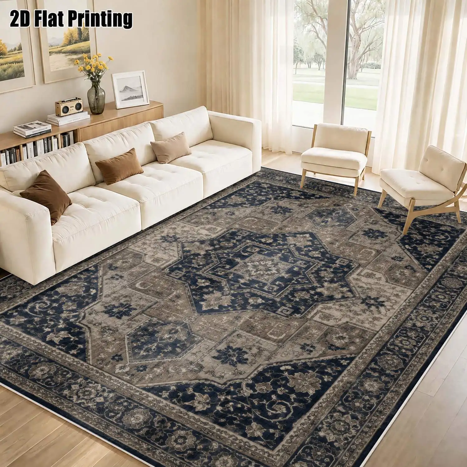 1Pc 2D Printed Blue-Grey Retro Floral Velvet Carpet, Machine Washable, Multi-Size for Home Decor