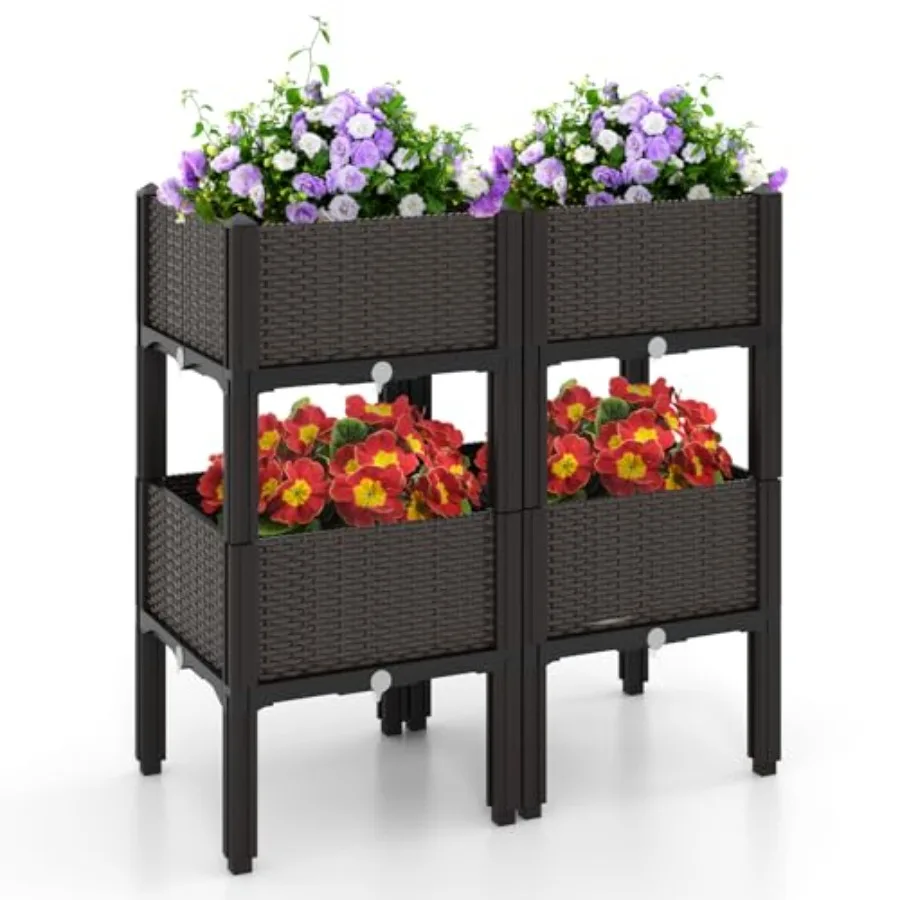 Raised Garden Bed Kit for Indoor Outdoor Use: 4 Pcs Wooden Planter Boxes with 16 Metal Legs, Self-Watering System, Drainage Hol