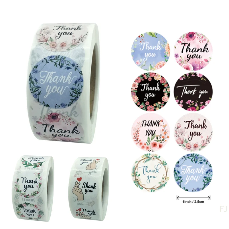 [YU]500pcs/roll round floral thank you stickers scrapbooking for package seal labels custom sticker decoration wedding sticker