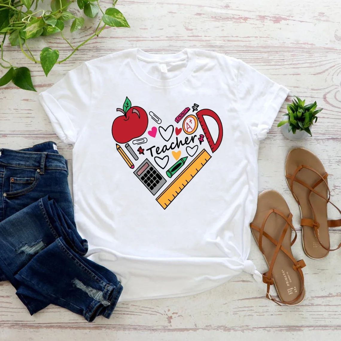 

Inspirational Teacher T-Shirt Teach Love Inspire Tshirt Back To School Shirt Casual Short Sleeve Women's Tees Streetwear Tops