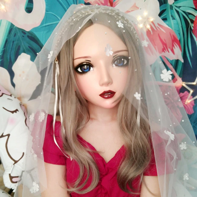 (Er-10)Female Sweet Girl Resin Half Head Kigurumi BJD Eyes Crossdress Cosplay Japanese Anime Role Lolita Mask With Fairy Ear