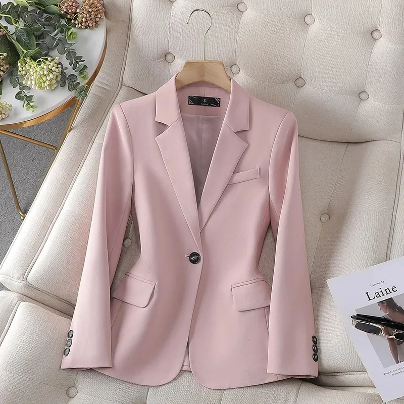 Imagem -03 - Jaqueta Formal Monocromática Feminina Blazer de Manga Comprida Botão Único Azul Preto Rosa Café Roupas de Trabalho de Negócios Primavera Outono 4xl Novo