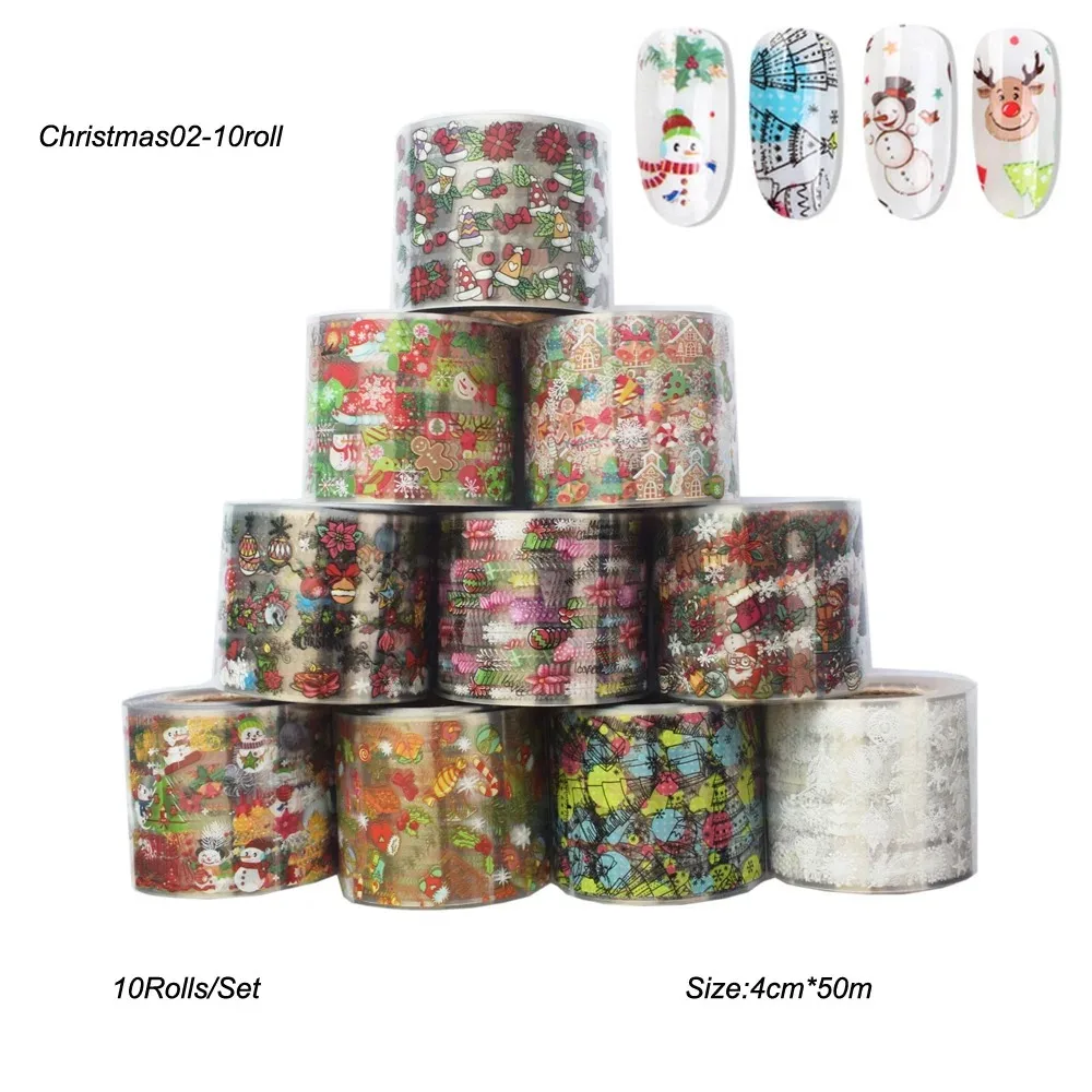 

10Rolls Christmas Nail Art Foil Transfer Stickers Tips Holographic Nails Christmas Symbols Decals Acrylic Decals DIY Decorations