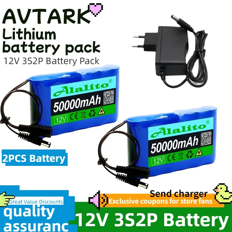 

12V 3S2P50000mAh rechargeable battery pack suitablefor LED monitoring, smart speaker, mascot fanoperation+12.6V⚠1A charger