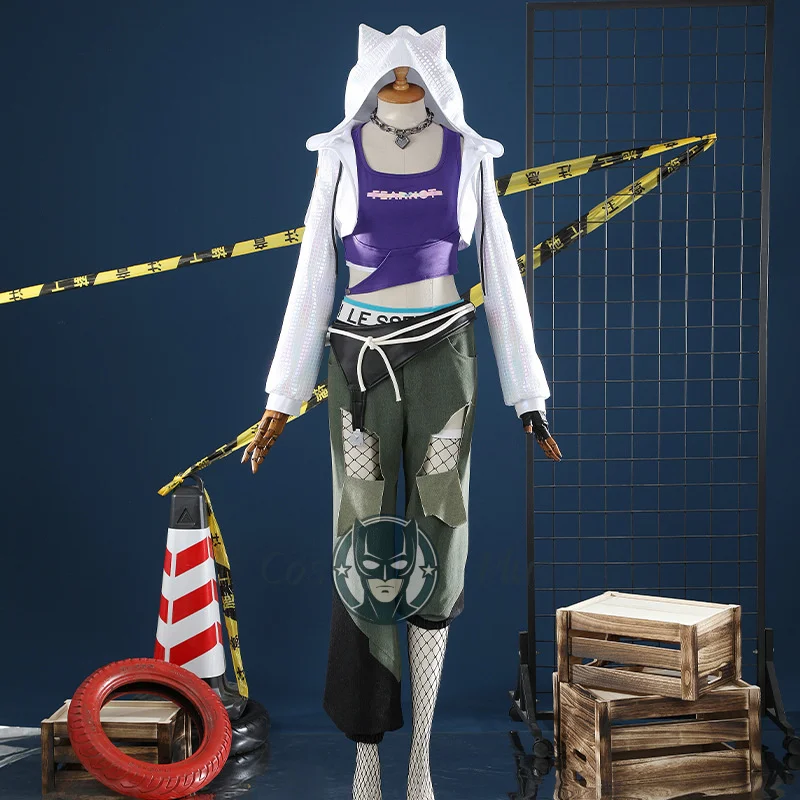 

Ashe Cosplay Costume Necklace Vest Pants Hooded Coat Hat Clothing Game OW Girls Band Halloween Carnival Party Women Adult Suit