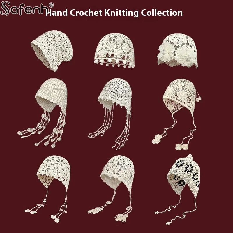 50Types Beanie Hat Fashion Hand Woven Hollow Bowhead Hat Women's Hook Flower Ethnic Wind Su Ear Strap Pullover Knitted Hat