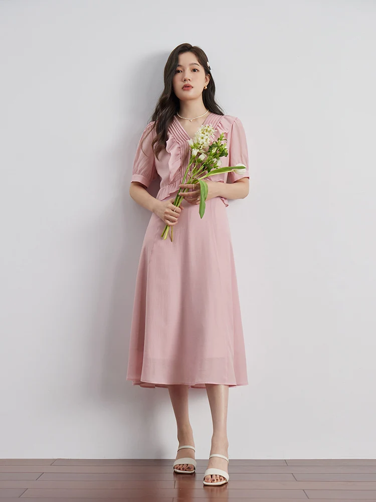 DUSHU [Two-color optional] Elegant Sweet Style Pressed Pleated Ruffled Dress for Women Summer New Fresh High Waist Dress Female