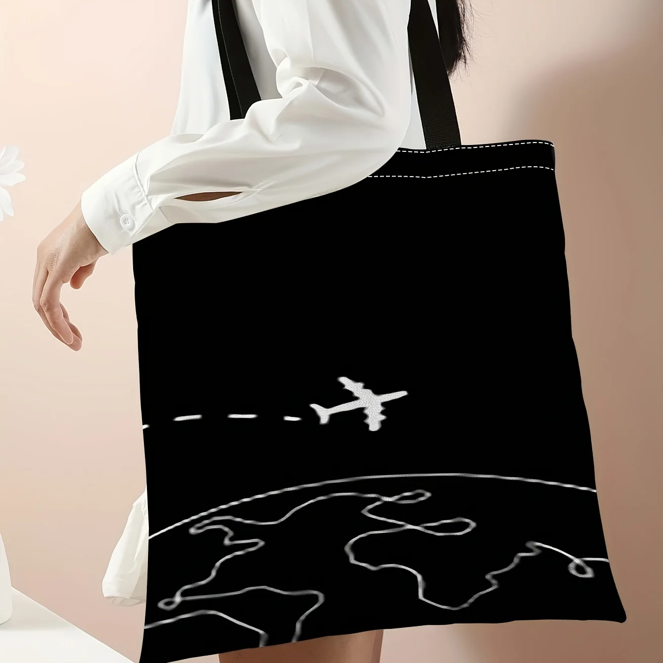 1pc Plane Tote Bag with Airplane Flight Path Print Reusable Travel Bag Suitable for Shopping, Beach Picnic, Daily Use
