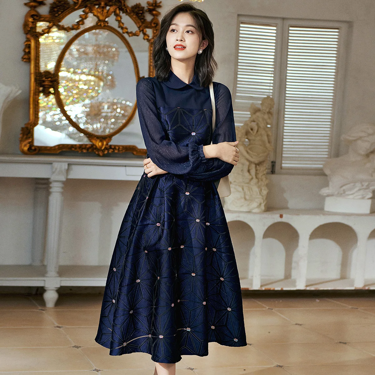 

Spring Summer Jacquard Dress Navy Patchwork Mesh Dress Even Party Dress Vacation Dress Holidays Original Dress Photograph