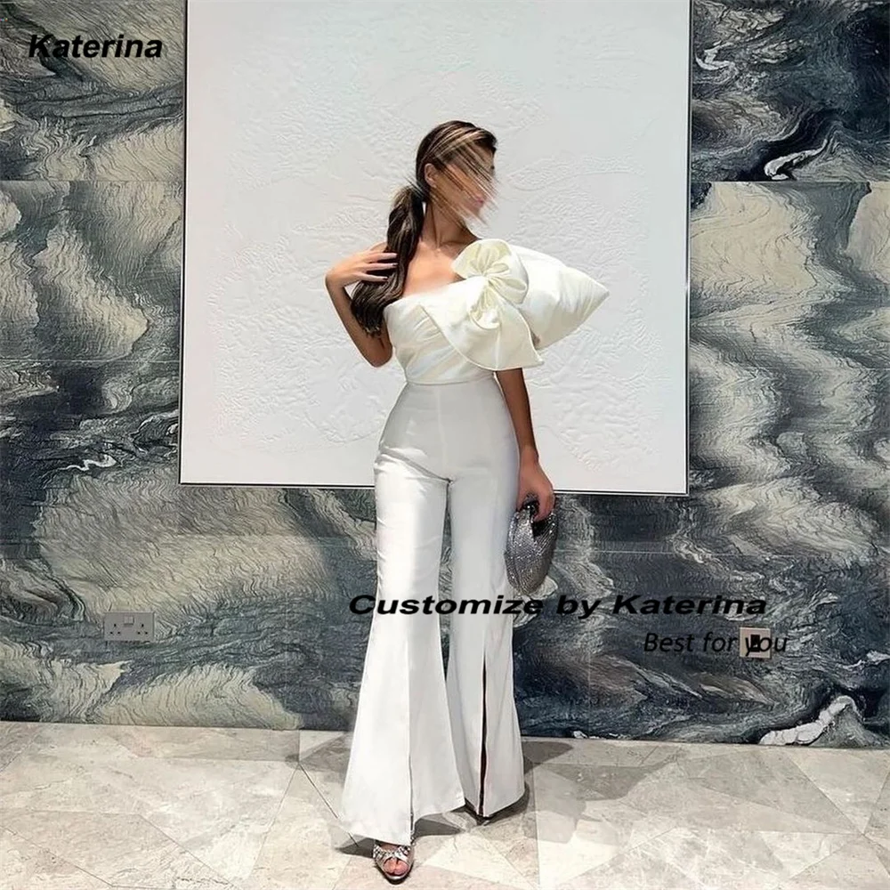 Katerina Formal Saudi Arabia Evening Dress Big Bow Ivory Satin One Shoulder Jumpsuit Prom Dresses Floor Length Women Party Dress