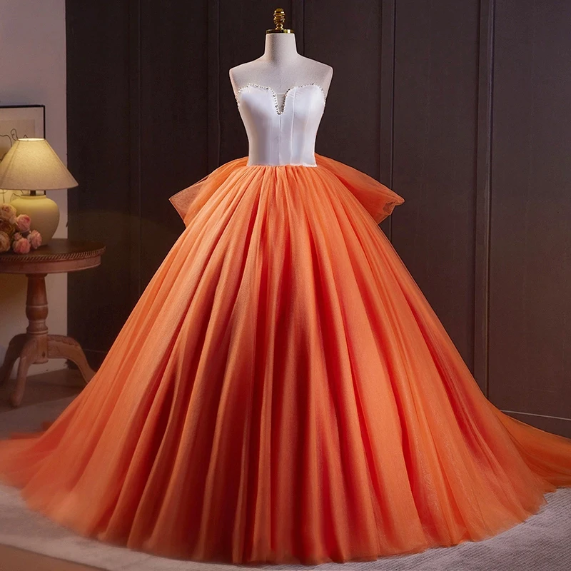 

Orange Women Wedding Dress Tulle Puffy With Bow Strapless For Bridesmaid Evening Banquet Party Birthday Ceremonial Gowns